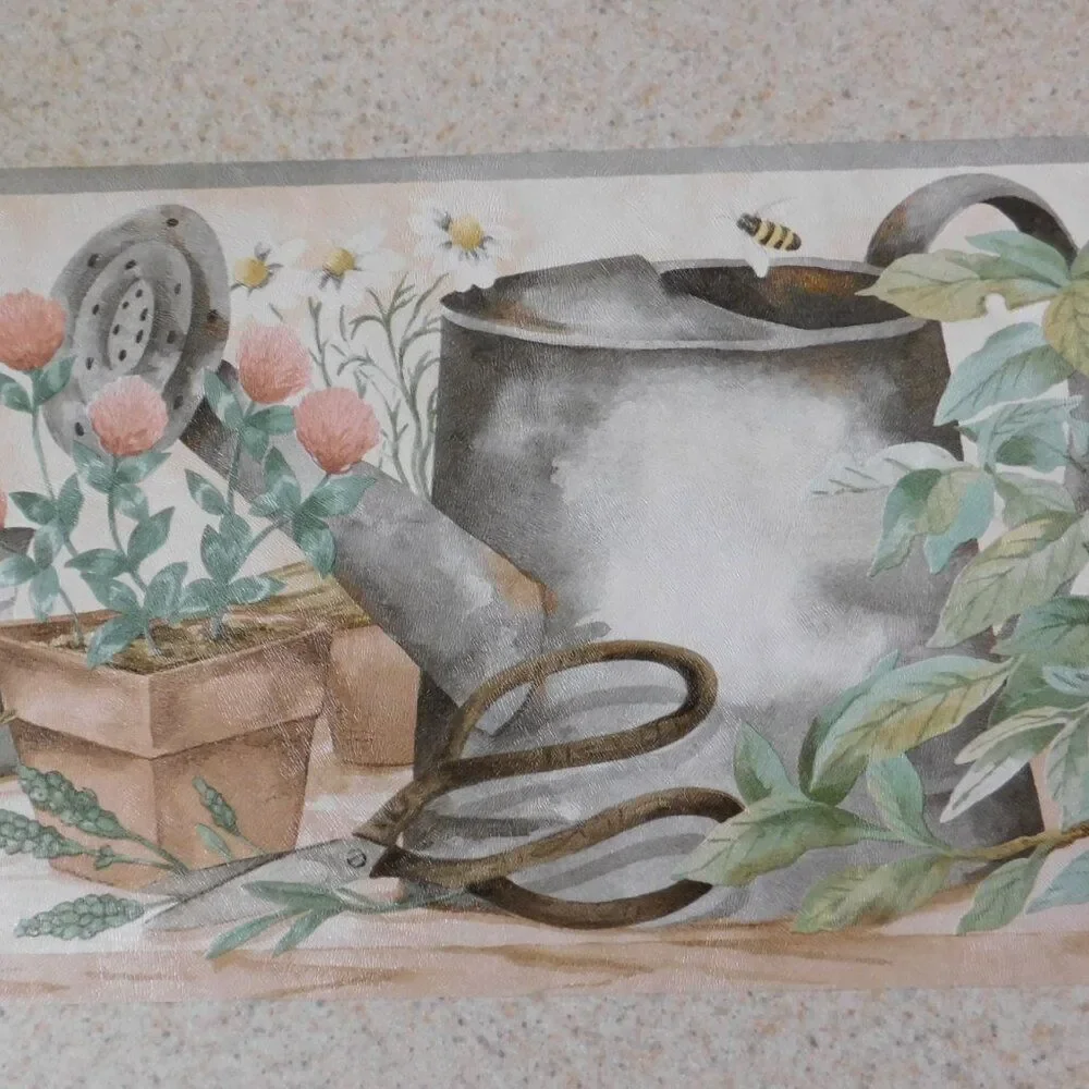 VTG Cottagecore Wallpaper Border Flower Pots Bird Feeder Birds 15‎ Yards